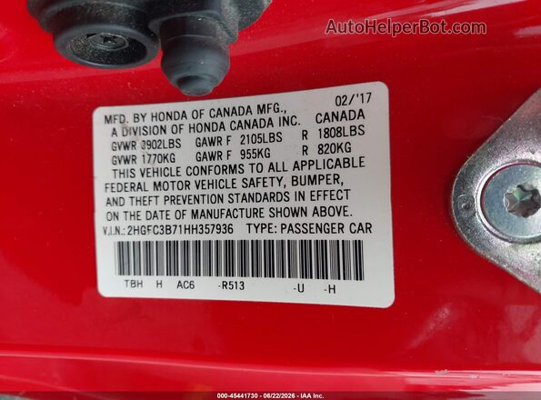 2HGFC3B71HH357936 2017 HONDA CIVIC Red Vista del compartimento del motor