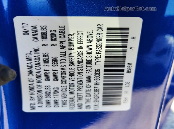 2HGFC3B71HH360836 2017 HONDA CIVIC Blue Вид наклейки з VIN-кодом