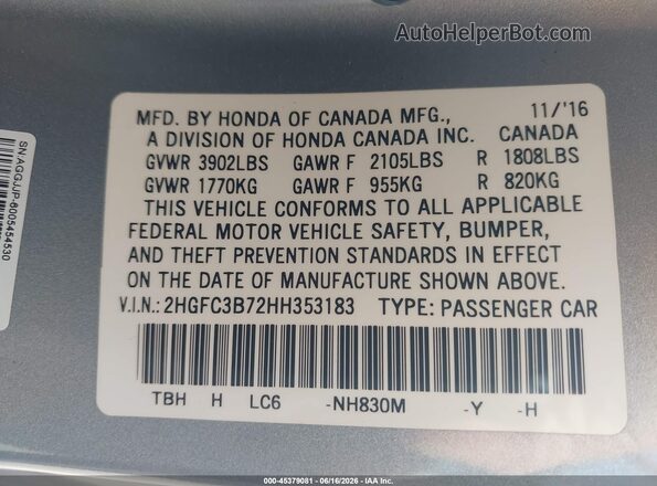 2HGFC3B72HH353183 2017 HONDA CIVIC Silver Вид підкапотного простору