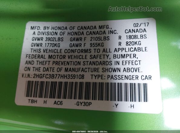 2HGFC3B77HH359108 2017 HONDA CIVIC Green Vista del compartimento del motor