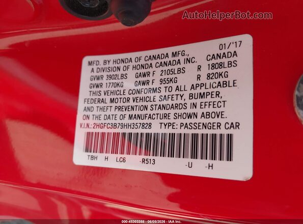 2HGFC3B79HH357828 2017 HONDA CIVIC Red Engine compartment view