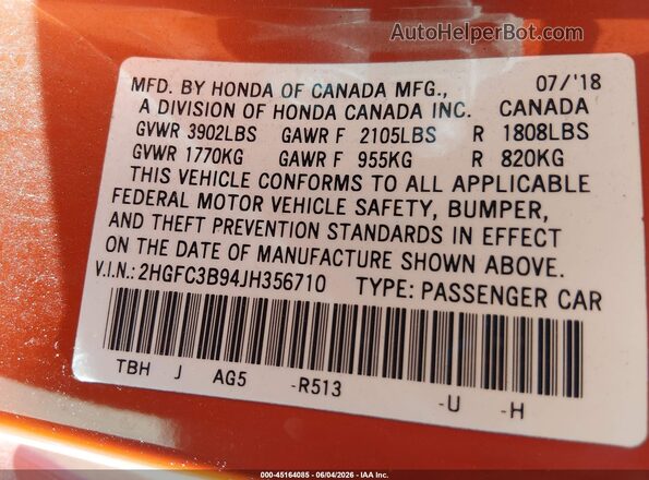 2HGFC3B94JH356710 2018 HONDA CIVIC Red Вид підкапотного простору
