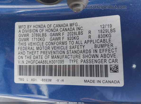 2HGFC4A88LH301095 2020 HONDA CIVIC Blue Շարժիչի բաժամունքի տեսք