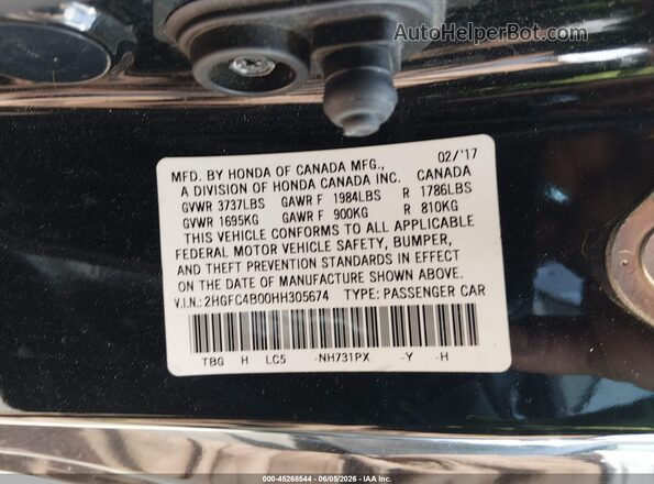 2HGFC4B00HH305674 2017 HONDA CIVIC Black Vista del compartimento del motor