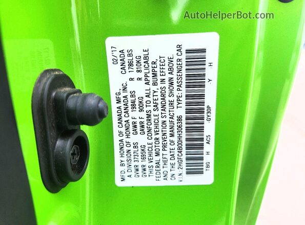 2HGFC4B00HH306386 2017 HONDA CIVIC Зеленый Вид задней части салона