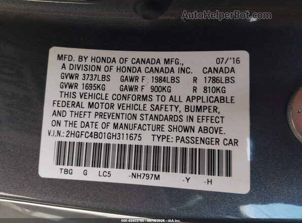 2HGFC4B01GH311675 2016 HONDA CIVIC Gray ძრავის განყოფილების ხედი
