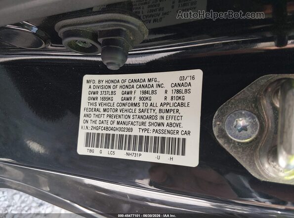 2HGFC4B04GH302369 2016 HONDA CIVIC Black Vista del compartimento del motor