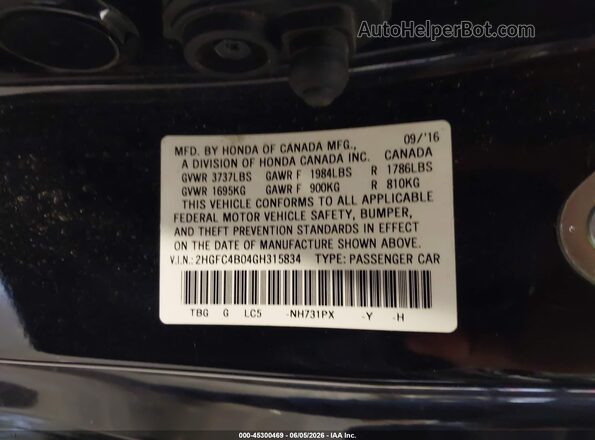 2HGFC4B04GH315834 2016 HONDA CIVIC Black Engine compartment view