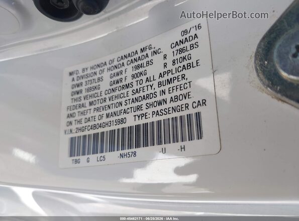 2HGFC4B04GH315980 2016 HONDA CIVIC White Շարժիչի բաժամունքի տեսք
