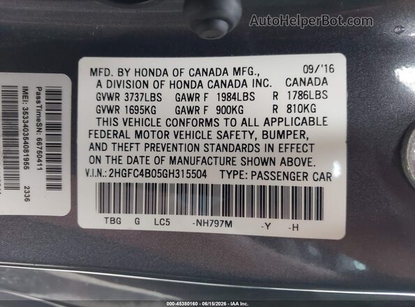 2HGFC4B05GH315504 2016 HONDA CIVIC Gray Вид підкапотного простору
