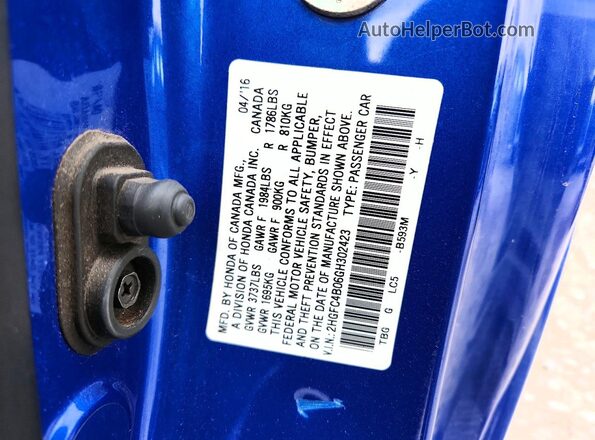 2HGFC4B06GH302423 2016 HONDA CIVIC Blue VIN կոդի պիտակի տեսք