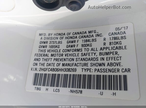 2HGFC4B06HH308269 2017 HONDA CIVIC White Շարժիչի բաժամունքի տեսք