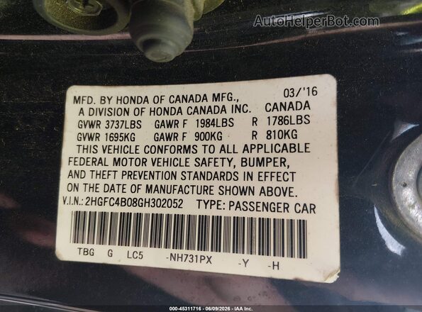 2HGFC4B08GH302052 2016 HONDA CIVIC Black 