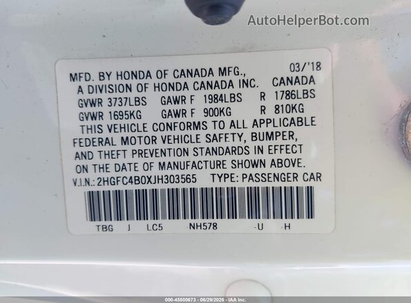 2HGFC4B0XJH303565 2018 HONDA CIVIC White Vista del compartimento del motor
