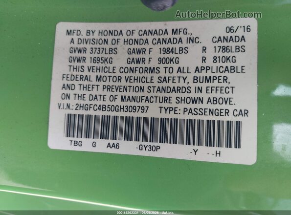 2HGFC4B50GH309797 2016 HONDA CIVIC Green Widok komory silnika