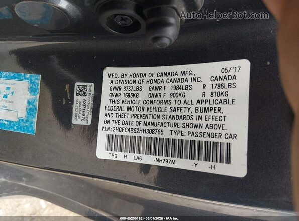 2HGFC4B52HH308765 2017 HONDA CIVIC Gray Vista del compartimento del motor