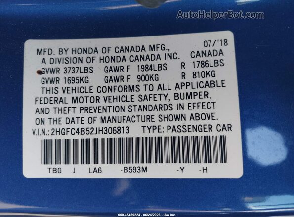 2HGFC4B52JH306813 2018 HONDA CIVIC Blue Widok komory silnika