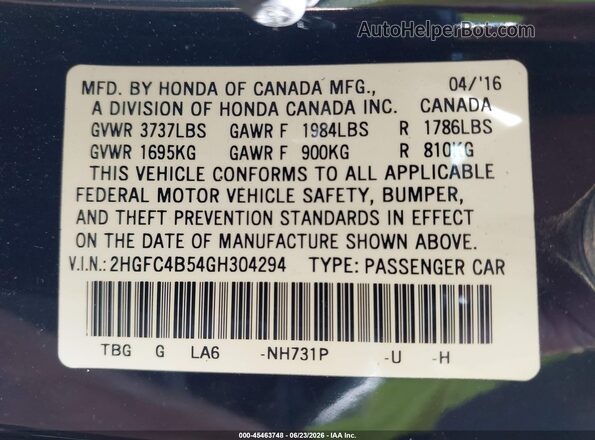 2HGFC4B54GH304294 2016 HONDA CIVIC Black Widok komory silnika