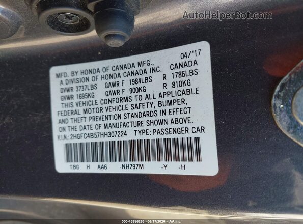 2HGFC4B57HH307224 2017 HONDA CIVIC Gray Widok komory silnika