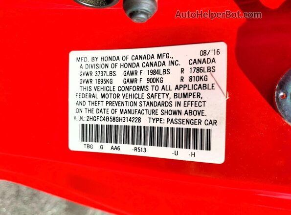 2HGFC4B58GH314228 2016 HONDA CIVIC Red VIN կոդի պիտակի տեսք