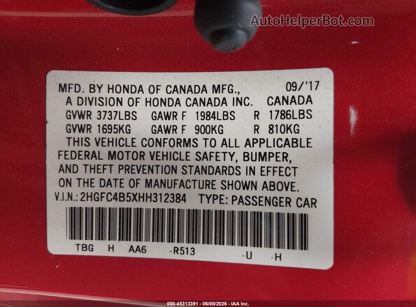 2HGFC4B5XHH312384 2017 HONDA CIVIC Red 