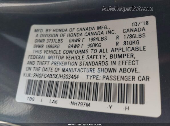 2HGFC4B5XJH303464 2018 HONDA CIVIC Gray Widok komory silnika