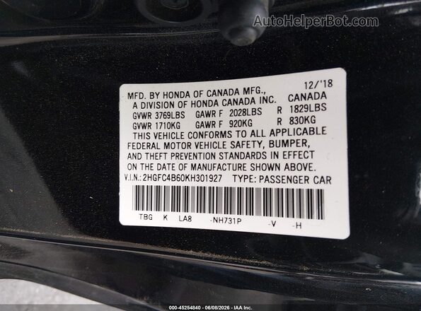 2HGFC4B60KH301927 2019 HONDA CIVIC Black 