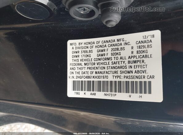 2HGFC4B61KH301970 2019 HONDA CIVIC Черный Вид подкапотного пространства