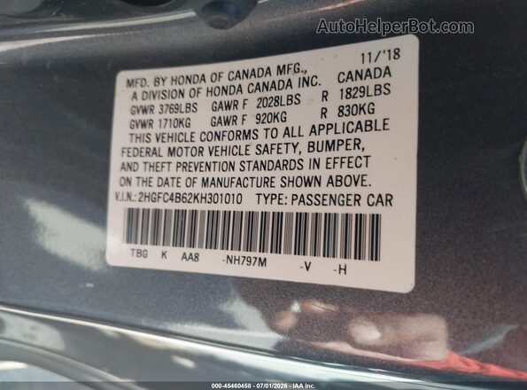 2HGFC4B62KH301010 2019 HONDA CIVIC Gray Вид підкапотного простору