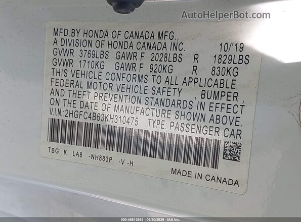2HGFC4B63KH310475 2019 HONDA CIVIC White ძრავის განყოფილების ხედი