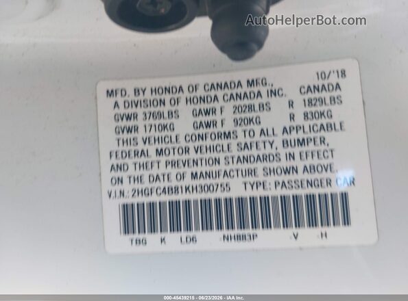 2HGFC4B81KH300755 2019 HONDA CIVIC White Engine compartment view