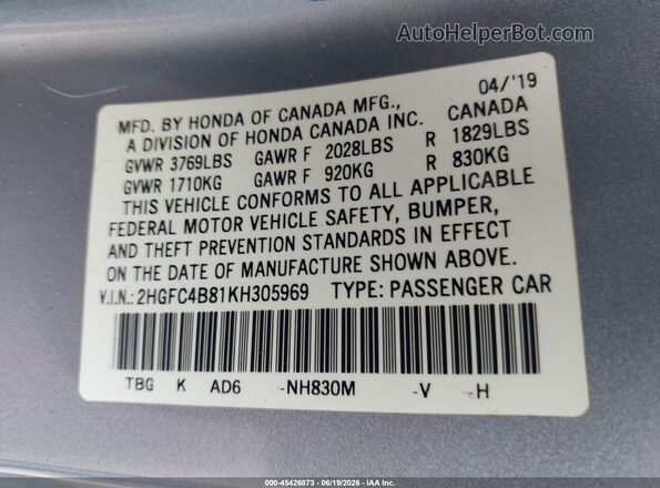 2HGFC4B81KH305969 2019 HONDA CIVIC Silver Engine compartment view
