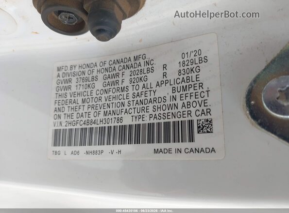 2HGFC4B84LH301786 2020 HONDA CIVIC White ძრავის განყოფილების ხედი