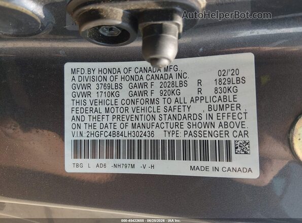 2HGFC4B84LH302436 2020 HONDA CIVIC Gray Engine compartment view