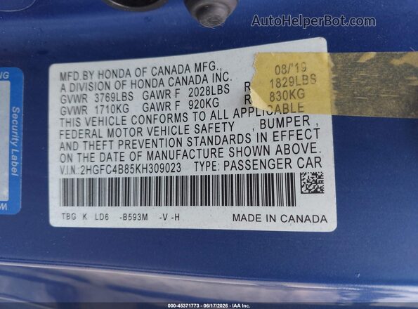 2HGFC4B85KH309023 2019 HONDA CIVIC Blue Widok komory silnika