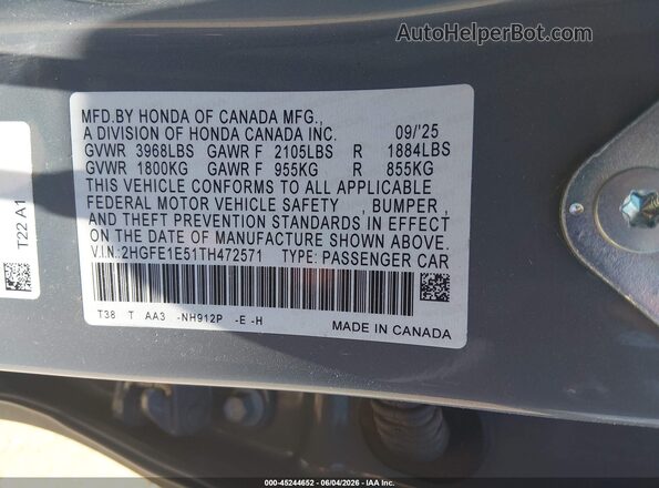 2HGFE1E51TH472571 2026 HONDA CIVIC SI Gray ძრავის განყოფილების ხედი