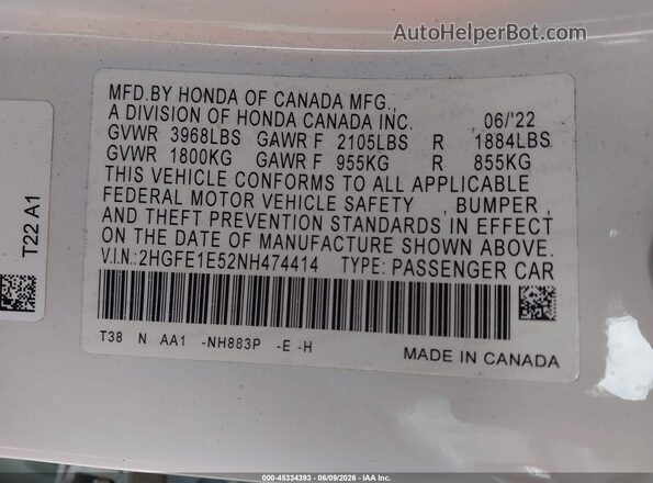 2HGFE1E52NH474414 2022 HONDA CIVIC White Widok komory silnika