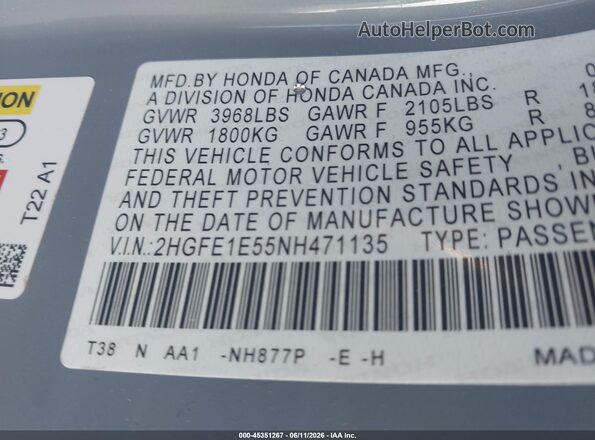 2HGFE1E55NH471135 2022 HONDA CIVIC Gray Вид задніх сидінь
