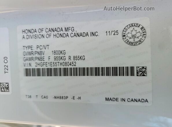 2HGFE1E55TH080452 2026 HONDA CIVIC White 