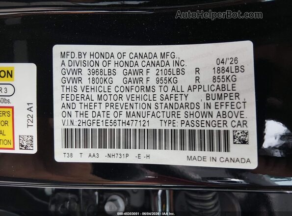 2HGFE1E56TH477121 2026 HONDA CIVIC Black Engine compartment view