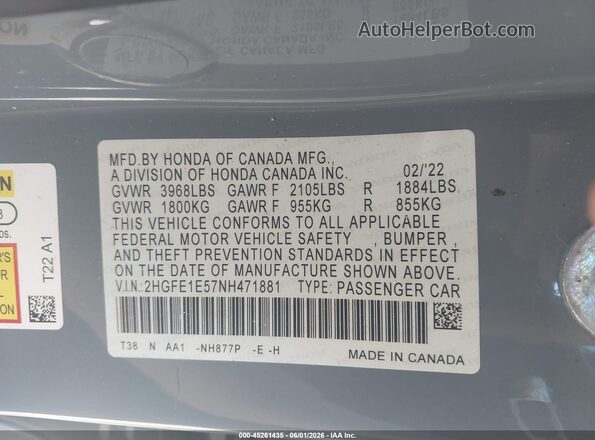 2HGFE1E57NH471881 2022 HONDA CIVIC Light Blue Вид подкапотного пространства