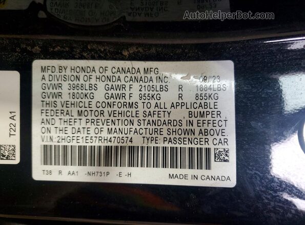 2HGFE1E57RH470574 2024 HONDA CIVIC Black Widok komory silnika