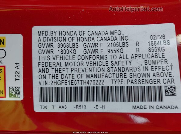 2HGFE1E57TH476222 2026 HONDA CIVIC Red VIN კოდის სტიკერის ხედი