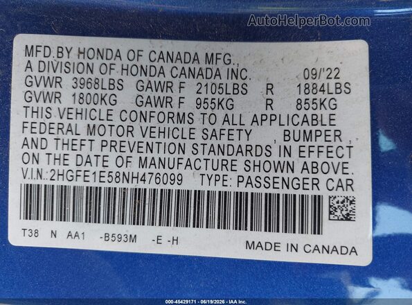 2HGFE1E58NH476099 2022 HONDA CIVIC Blue Engine compartment view