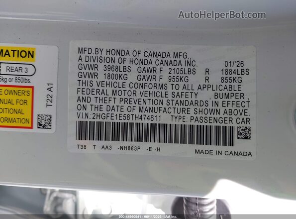 2HGFE1E58TH474611 2026 HONDA CIVIC SI White 