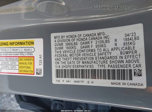 2HGFE1E5XPH474163 2023 HONDA CIVIC Gray Շարժիչի բաժամունքի տեսք