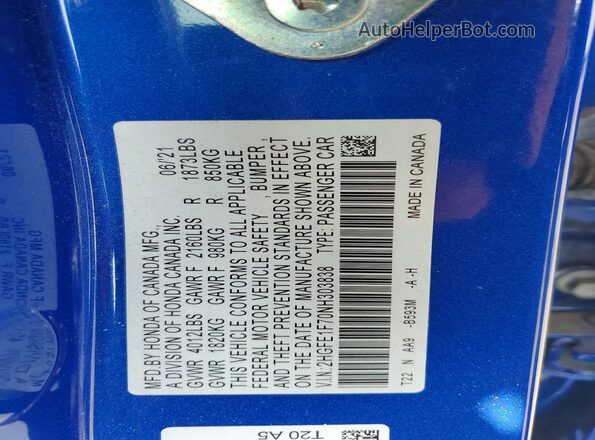 2HGFE1F70NH303838 2022 HONDA CIVIC Blue VIN sticker view