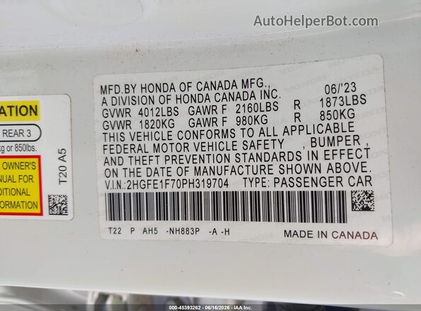 2HGFE1F70PH319704 2023 HONDA CIVIC White Widok komory silnika