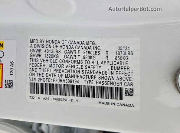 2HGFE1F70RH339194 2024 HONDA CIVIC White 