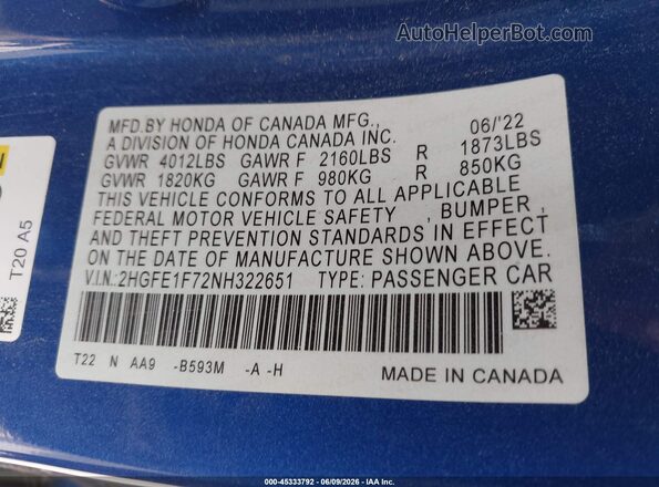 2HGFE1F72NH322651 2022 HONDA CIVIC Blue 